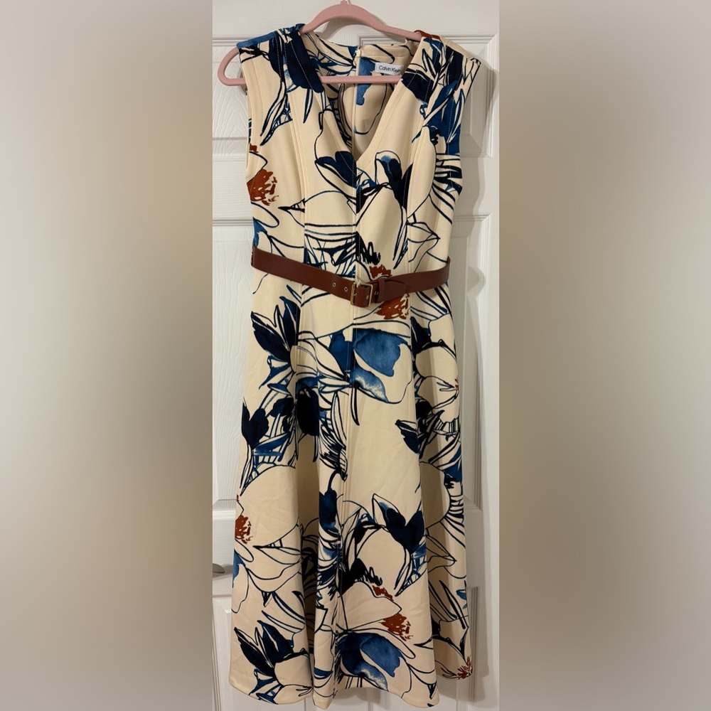 Calvin Klein Blue and Cream Patterned Dress